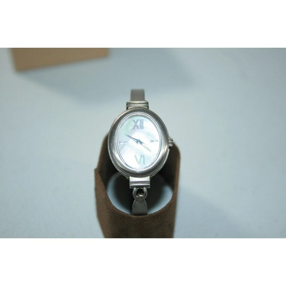 Vintage J Jill Ladies Silver MOP Dial Oval Cuff Bangle Analog Quartz Watch W Box